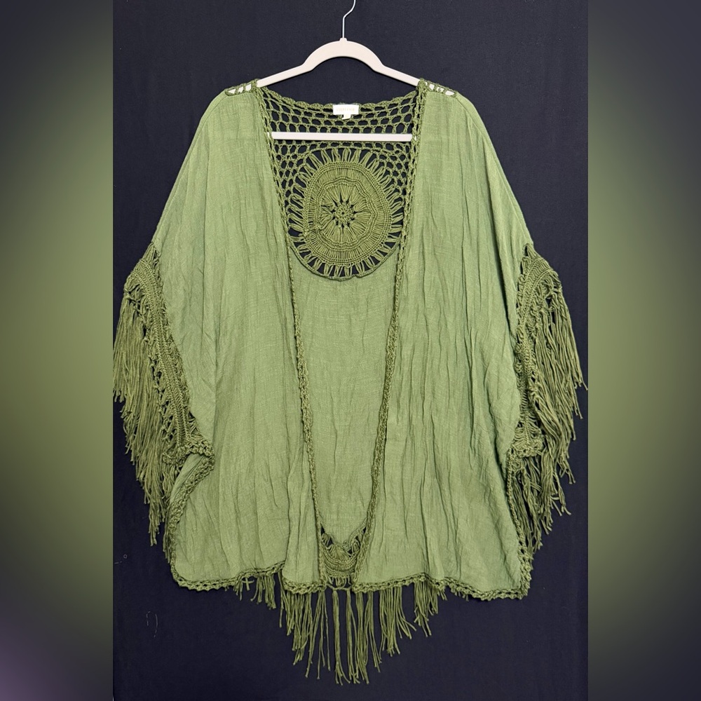Everleigh Moss Green Crochet & Fringe Wrap CoverupHippie boho fairy Cottagecore